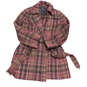 Tommy Hilfiger Women’s Plaid Wool Blend Coat L Belted Double Breasted